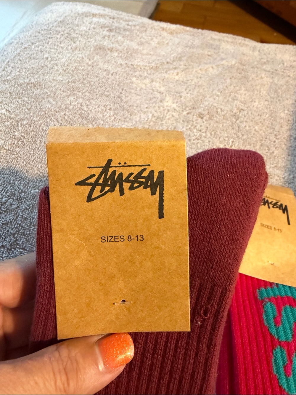 Stussy Maroon & Red Athletic Crew Socks with White and Teal Logos - Picture 3 of 5